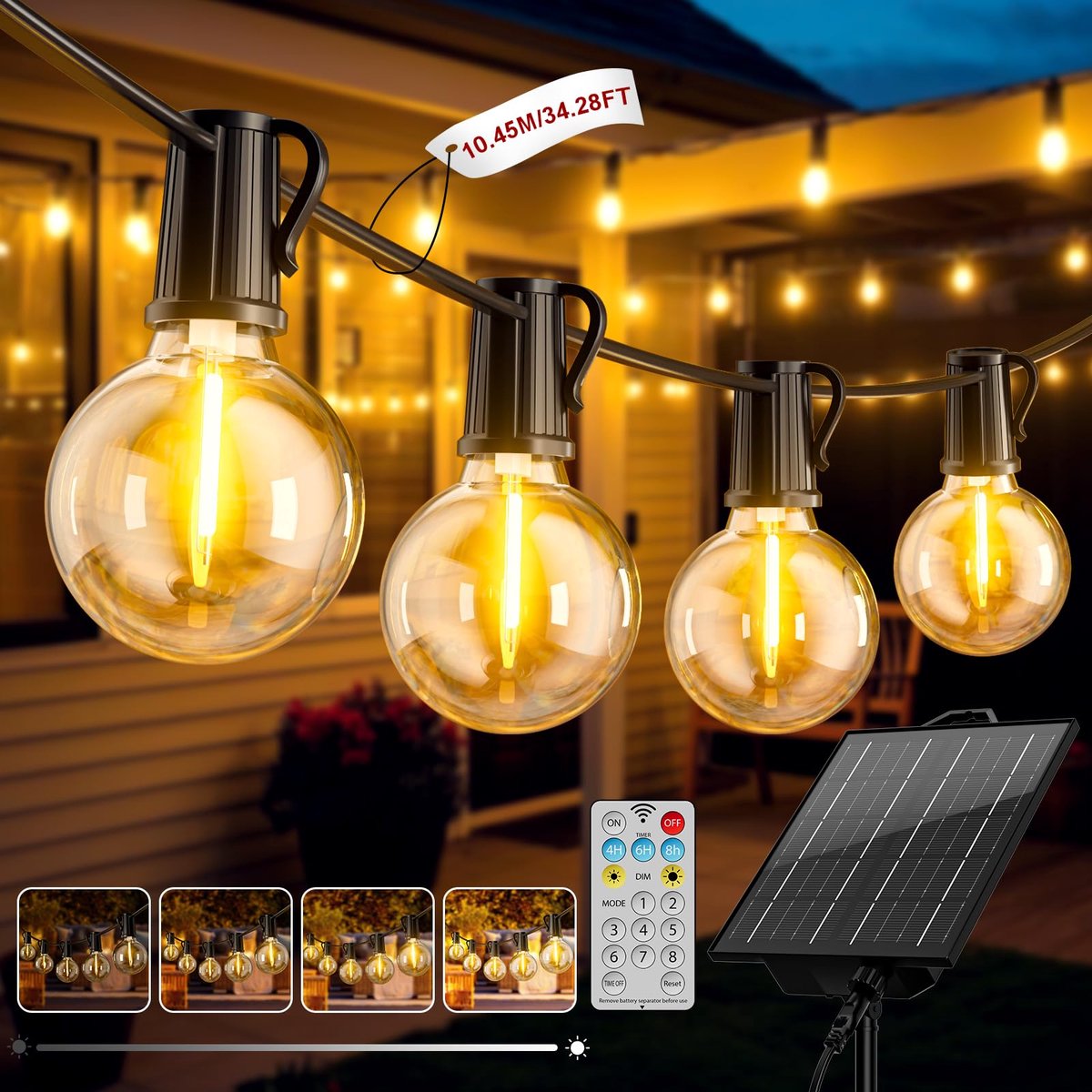 SnelShoppen - Lichtsnoer op Zonne-energie voor Buiten, 10,45 m, 12 + 1 G40-lampen, Waterdicht, Solarverlichting voor Tuin, Binnenplaats, Feest, Café,
