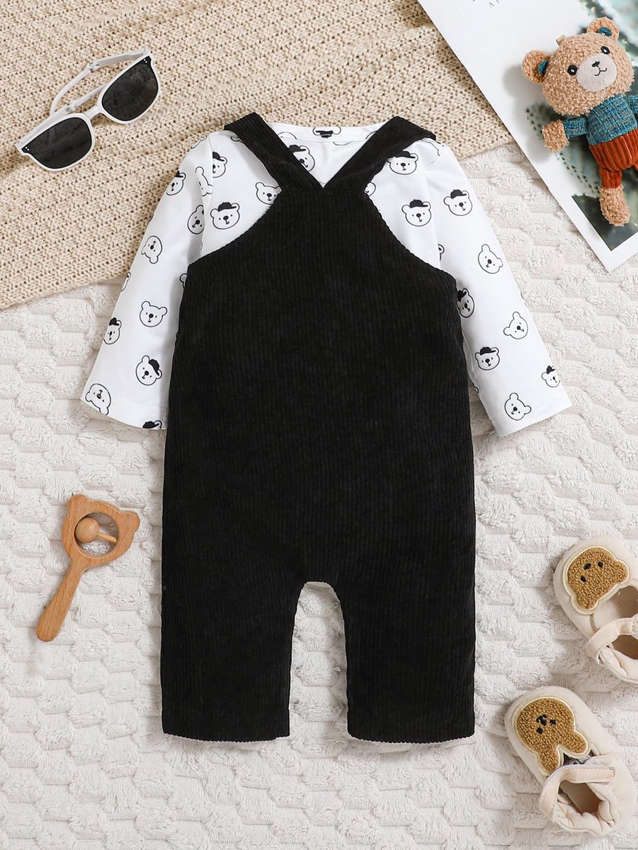 SnelShoppen - Kleding voor Pasgeboren Jongens van Corduroy met Beerprint, Lange Mouwen Bovenkleding en Broek met Zakjes, Zwart, 0-3 Maanden, Babyoutfi