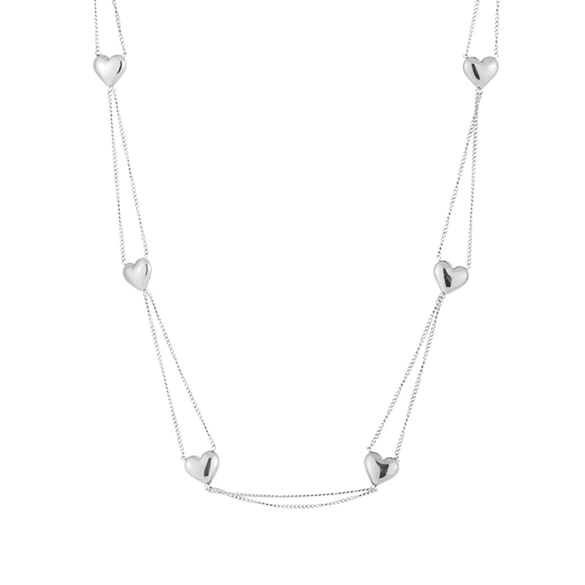 Romantische Dames Dubbele Schakelketting - Gelaagd Sieraad met Bolle Hart Elementen - Zilver