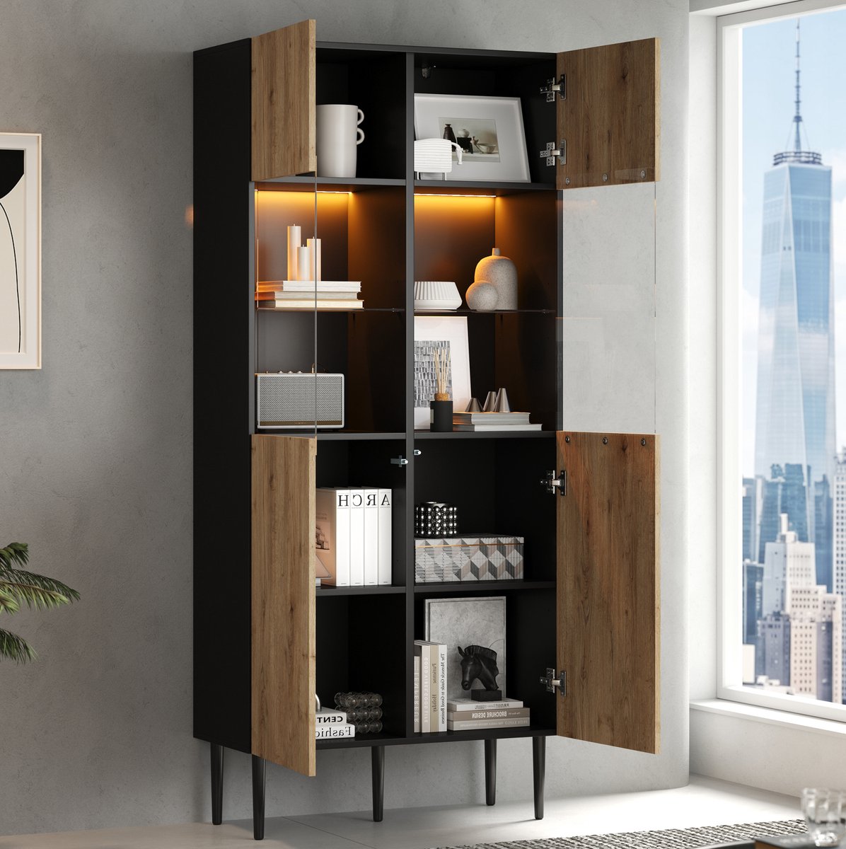 REDOM- Vitrinekast - LED verlichting - Glazen deuren - Inclusief legplanken - Design - Woonkamer - MDF en gehard glas - Zwart - 80 x 35 x 180 cm