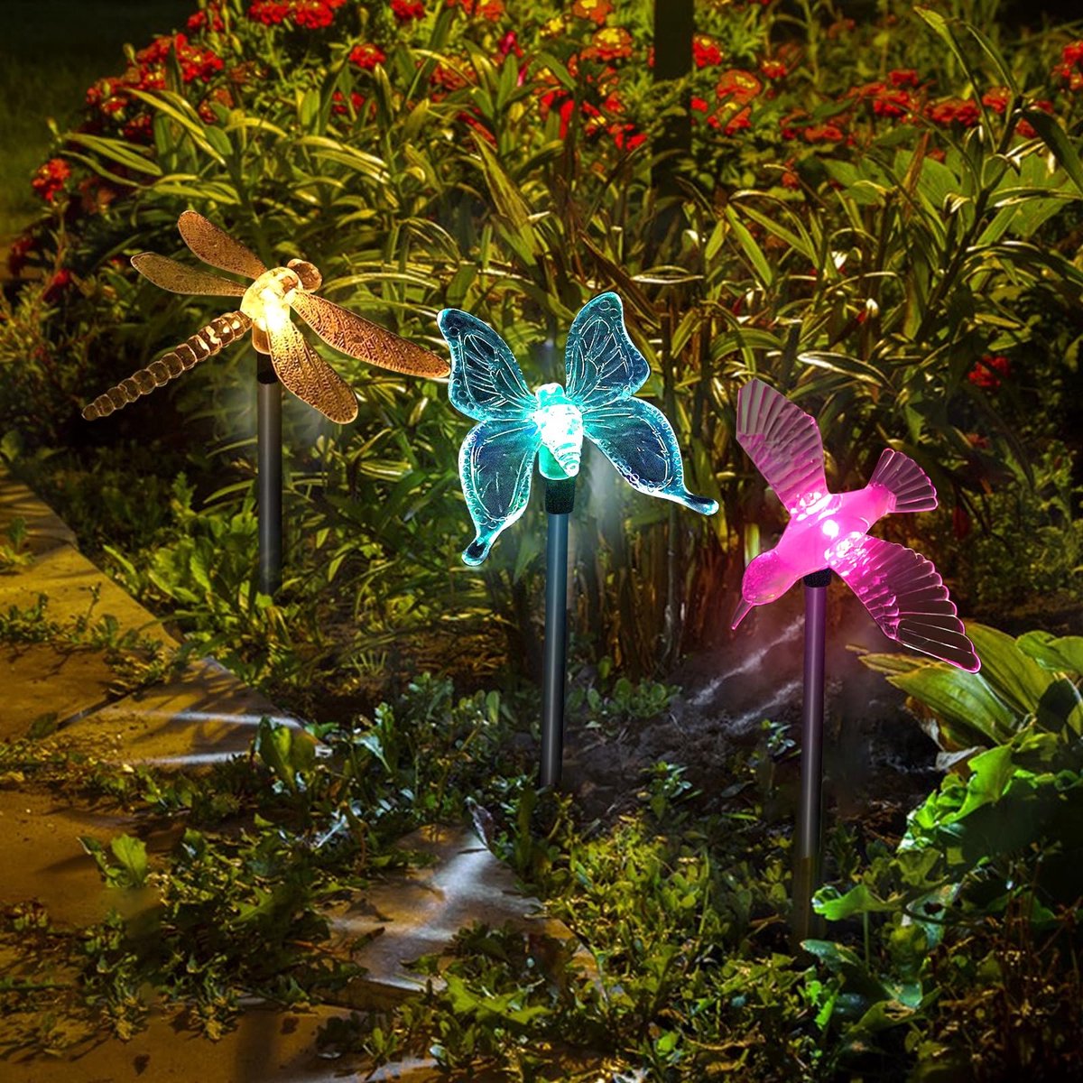 SnelShoppen - 3 stuks LED zonne-tuinverlichting, veelkleurige libelle, vlinder, kolibrie vormen, buitenverlichting voor feestdecoratie, gazon, tuin en