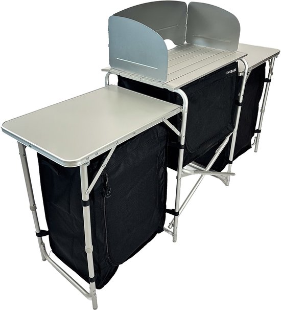 EveBase Silver - Campingkeuken/Campingkast met Windscherm - Opvouwbaar - Ruim Werkblad - Zwart/Zilver — afbeelding 3