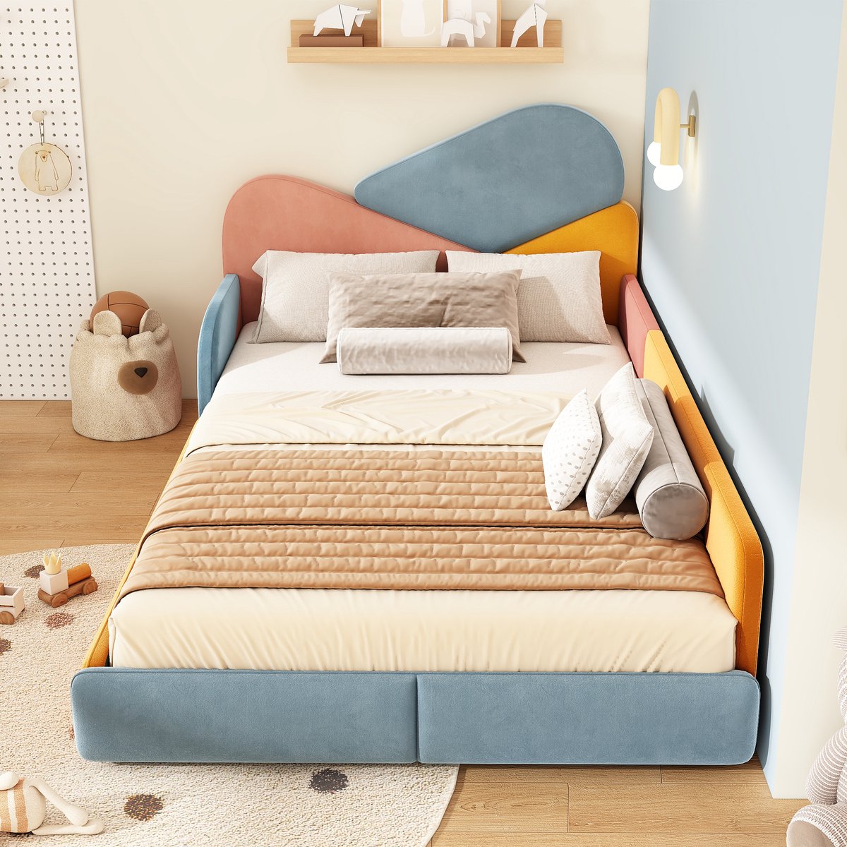 Kinderbed 140x200 cm - Tweepersoonsbed - Gestoffeerd bed - Met hoofdeinde - Met verhoogde zijbescherming - Met lattenbodem - Patchworkontwerp - Veilig en comfortabel - Multicolor