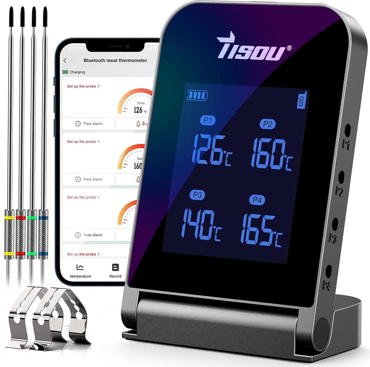 SnelShoppen - Bluetooth BBQ Thermometer met 4 Temperatuur Sensors, Draadloze Vleesthermometer met Oplaadbare Li-Batterij, 120m Bluetooth Bereik voor B