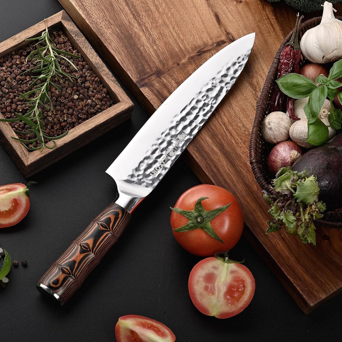 SnelShoppen - Professioneel Koksmes 20 cm met Gesmeed Hammered Blade, Bamboo Handgreep, Duits HC RVS, Perfect voor Keuken en Koken