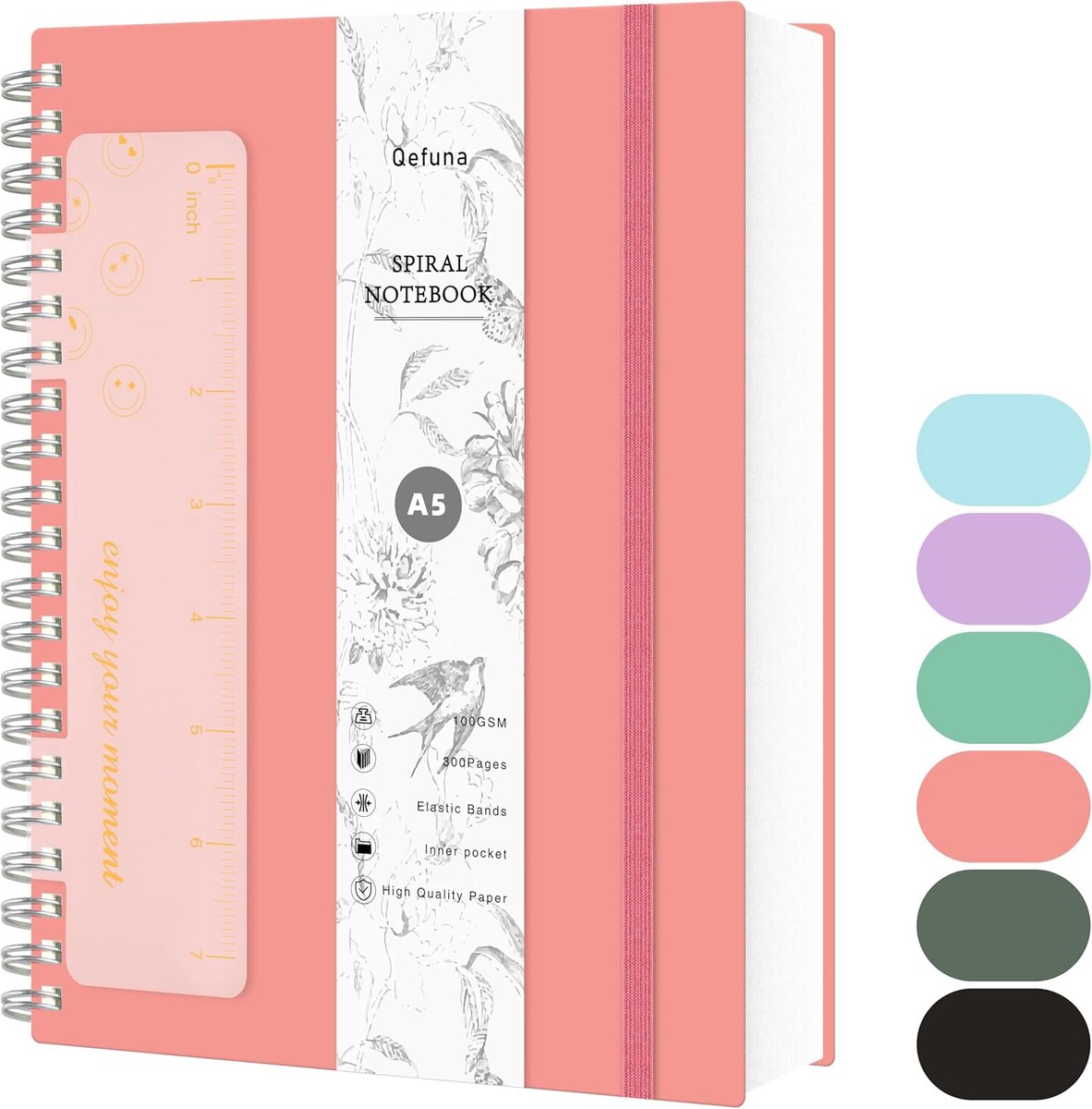 Qefuna A5 notitieboek met stippen,bullet dot dagboek,300 pagina's spiraalnotitieboek,100 g/m² inktvrij papier,PVC - ShopVlot