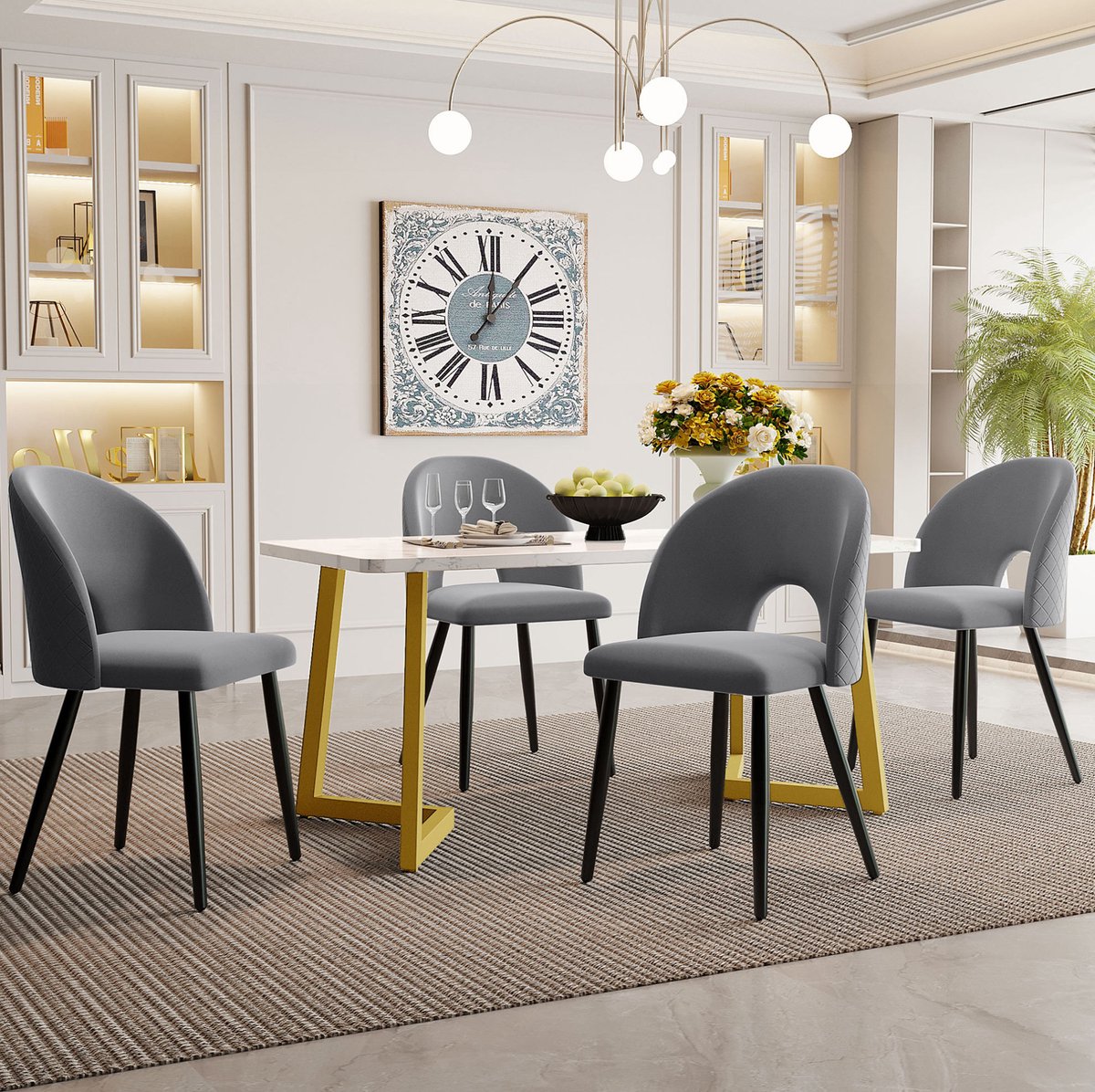 MEUNIQ Set tafel en stoelen met 1 rechthoekige eettafel van 117 x 68 cm en 4 grijze velours stoelen, modern eetkamerset met verstelbare stoelpoten