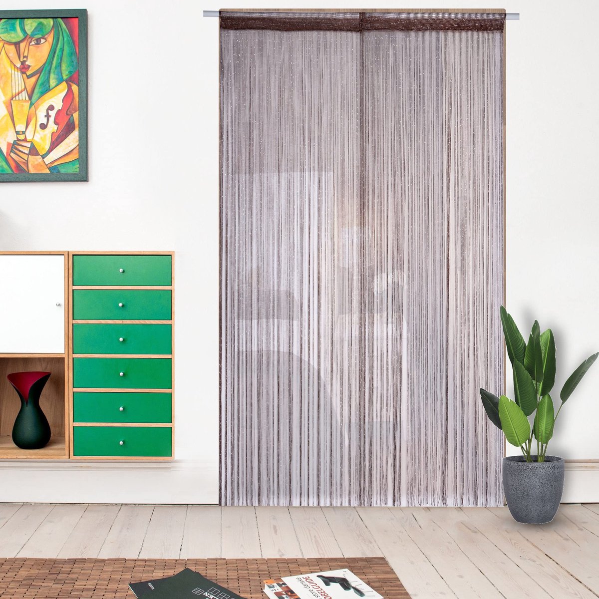 SnelShoppen - Set van 2 kralengordijnen 100 x 200 cm met kwastjes en glitterkoord, hippie kamerverdeler voor woonkamer, slaapkamer, kast, feestdecorat