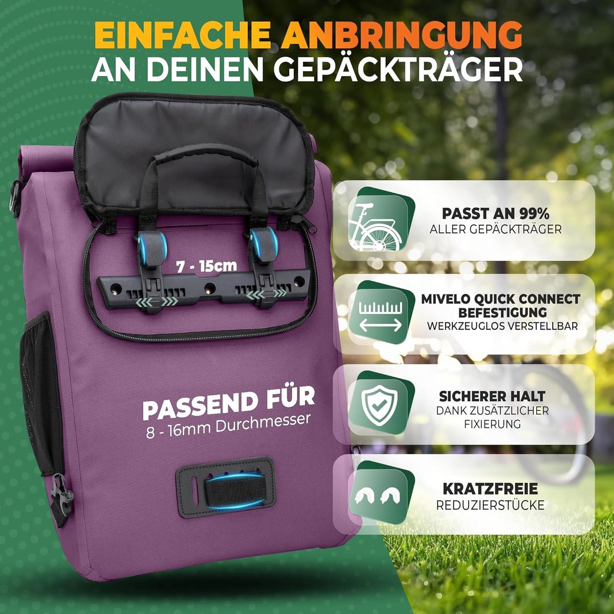 SnelShoppen - Mivelo 3-in-1 Fietstas Rugzak Schoudertas Waterdicht 20L PVC-vrij met Laptopvak Seringpaars voor Fietsbagagedrager
