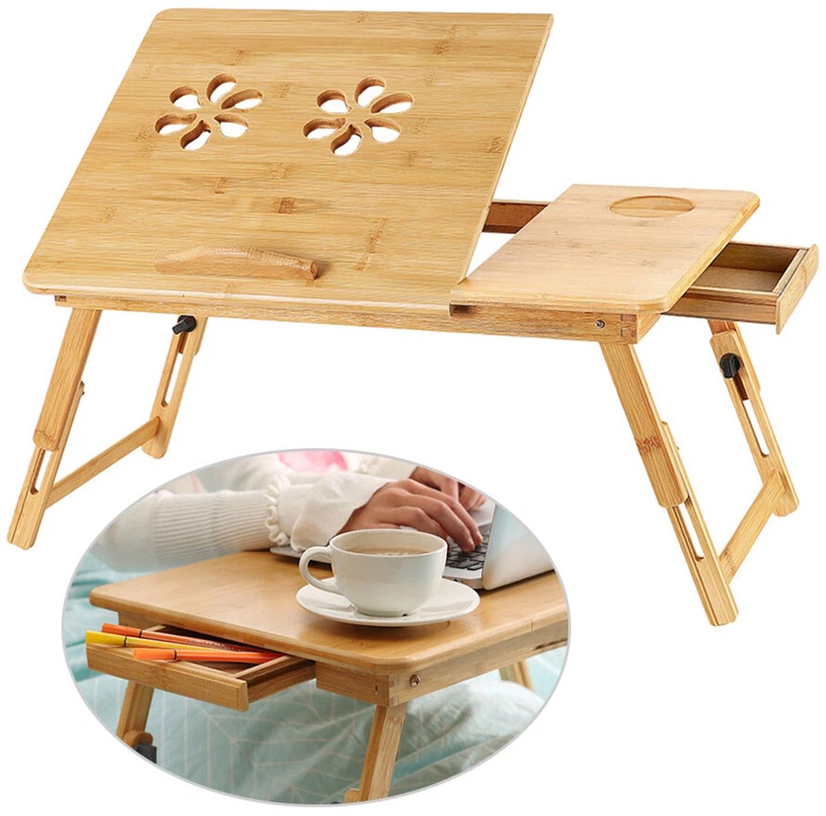 Laptoptafel - Bamboe bedtafel - Verstelbare klaptafel - Banktafel - Luie tafel voor thuis - Nachtkastje - Draagbaar - Ontbijttafel - Met lades