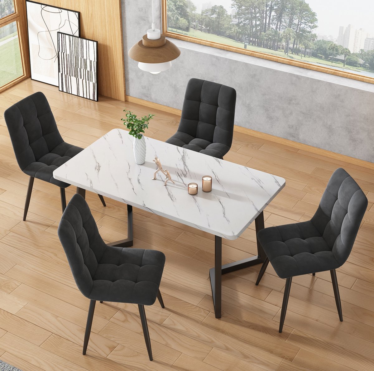 MEUNIQ eetkamerstoel set van 4 met velvet bekleding en rugleuning, metalen poten, gestikte zitting, 44 x 41 x 86 cm, donkergrijs