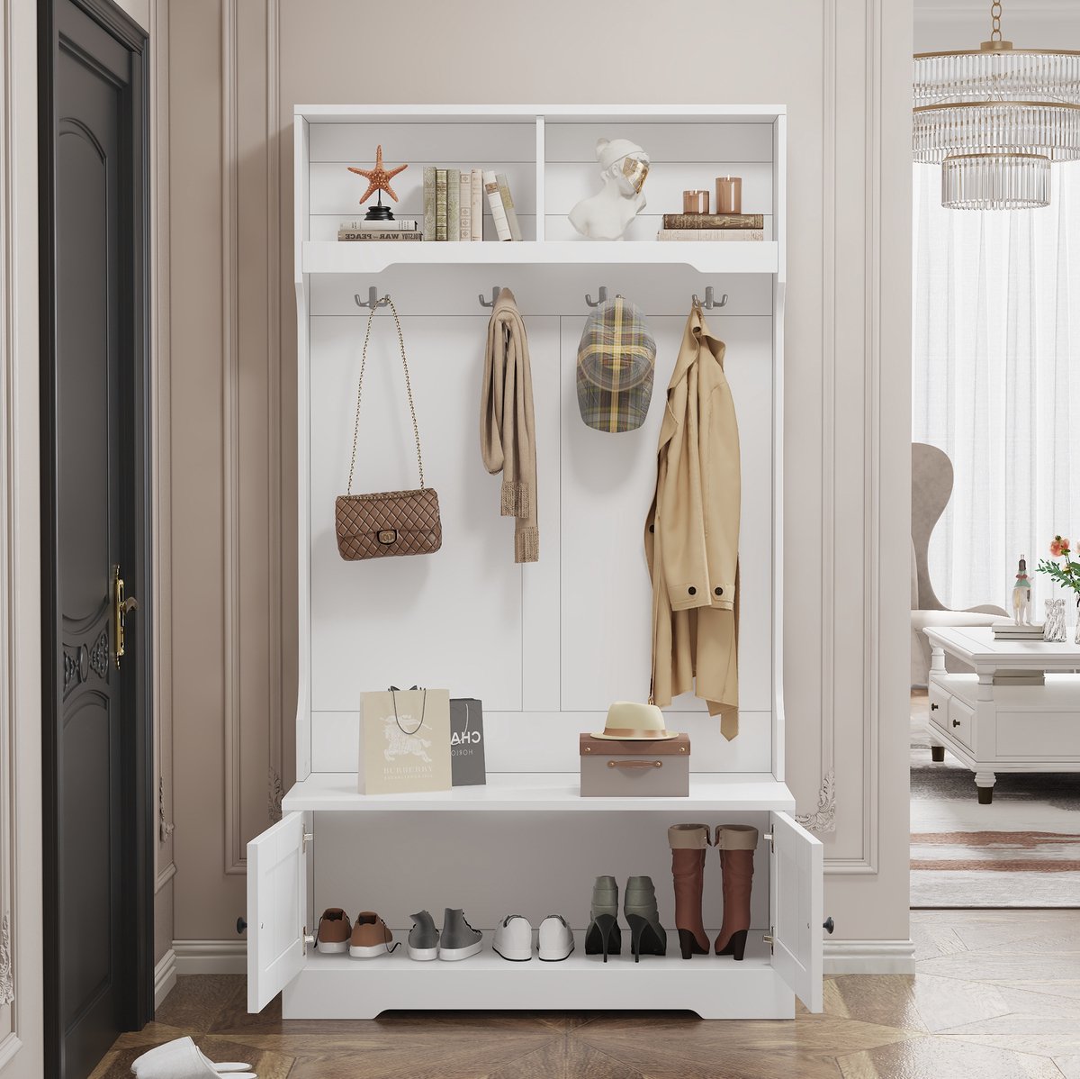 COVREO Schoenenkast 101,5 x 47 x 183 cm – wit, spaanplaat, met zitbank en 4 haken