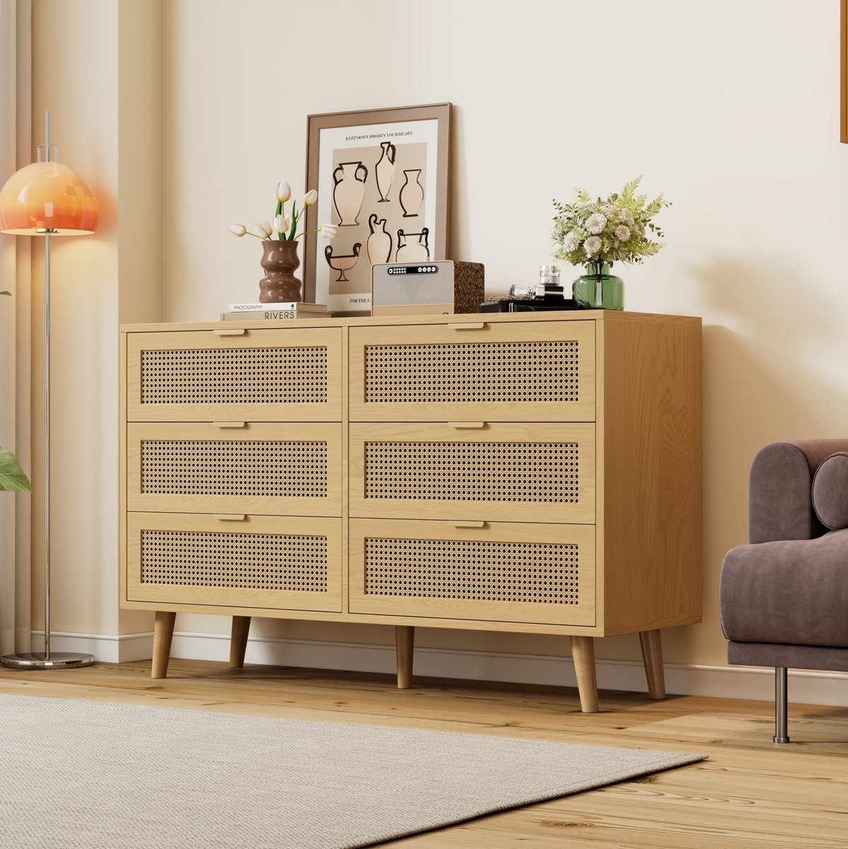 COVREO Dressoir 120 x 40 x 76,5 cm – 6 lades, spaanplaat, houtlook en metalen grepen