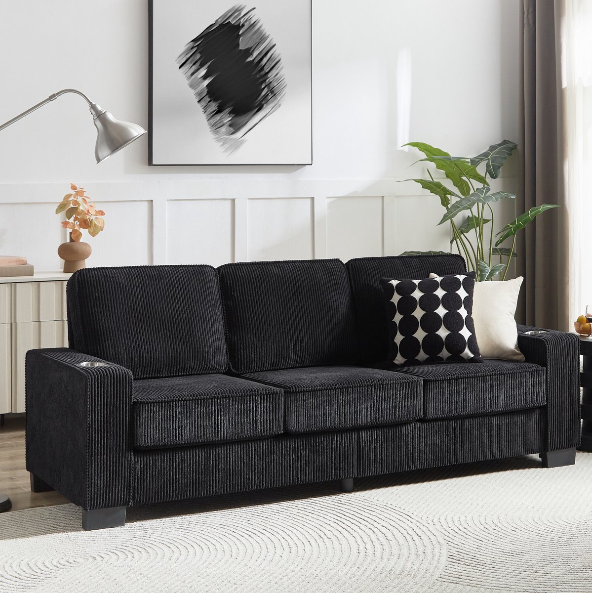 STILVORA Zitbank 206 Cm - 3-Zits Sofa Met Bekerhouders In Armleuningen - Voor Woonkamer, Slaapkamer En Kantoor - Cordstof Zwart