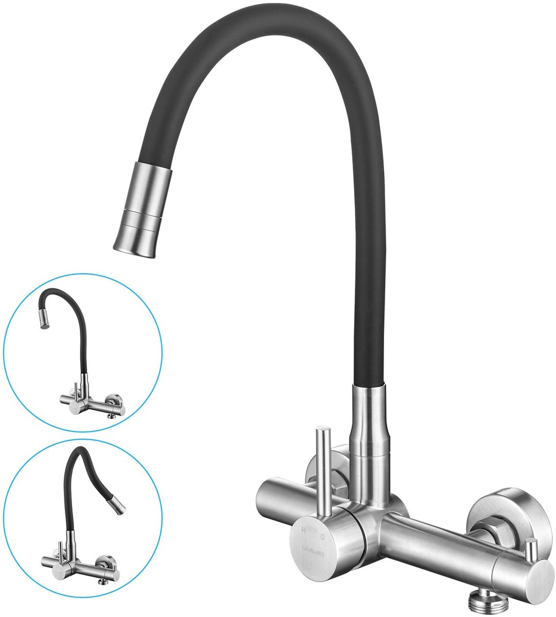 SnelShoppen - Keuken Kraan LakeBayMZC Wandmontage, 3/4 inch Aansluiting voor Vaatwasser/Wasmachine, Roestvrijstalen Wandarmatuur, 2 Waterstraalsoorten
