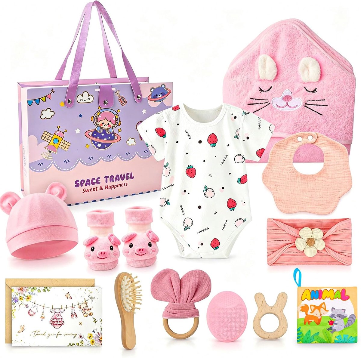 Babycadeauset Meisjes - Geboortecadeau Pasgeborene - Verzorging en Ontwikkeling - 13 Delige Set - 80x80 cm - Roze