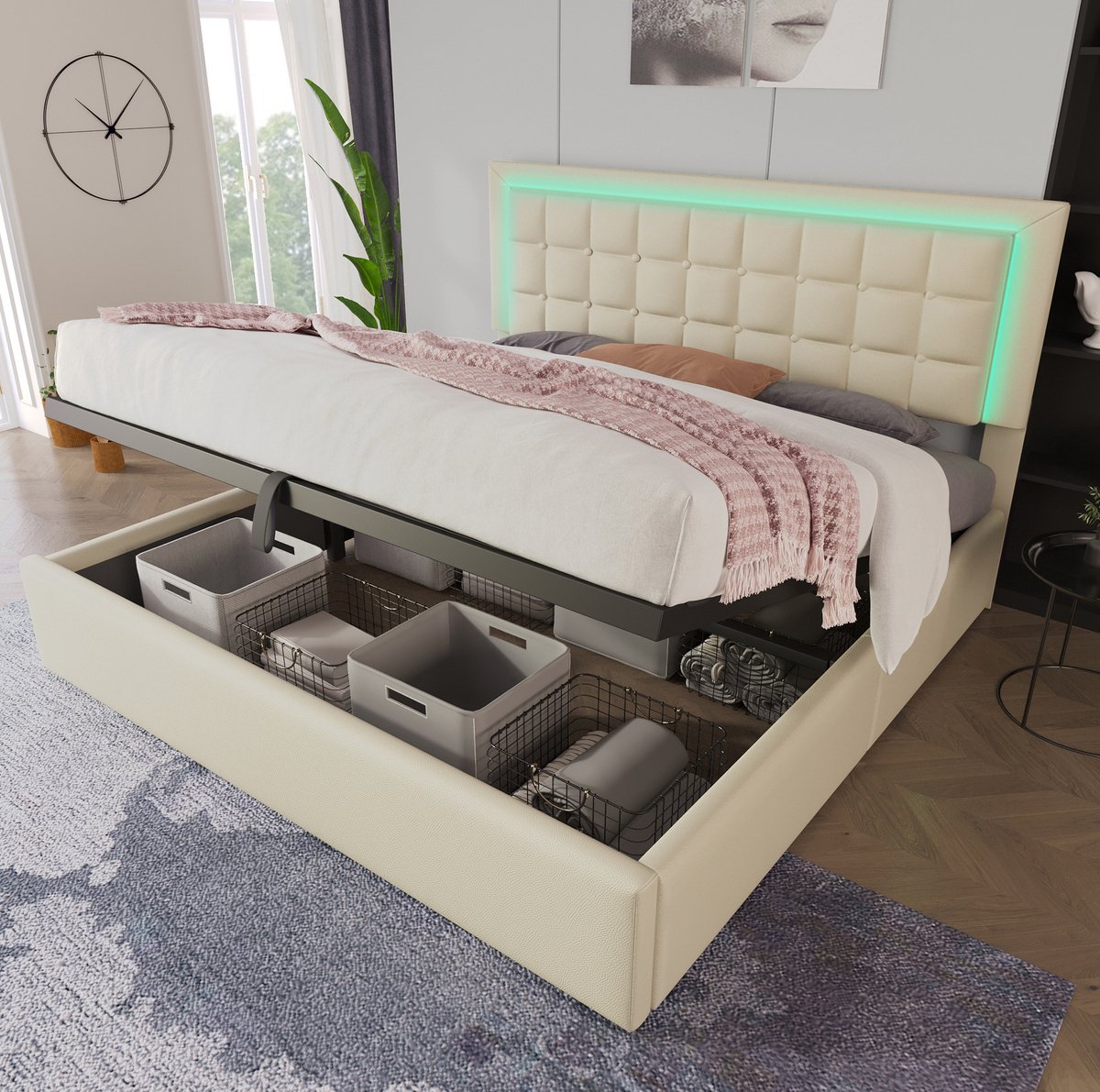 OKWISH Bed 180x200 cm - Met Led Verlichting - Hydraulische Opbergruimte - Tweepersoons - Kunstleer - Wit - Zonder matras