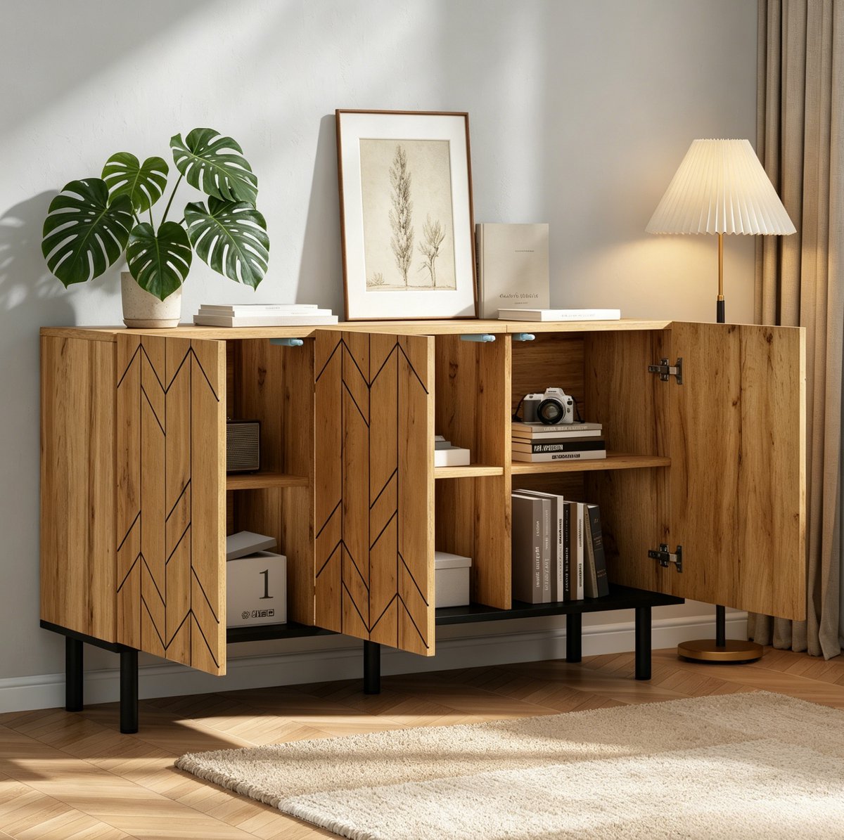 DESMIU Dressoir - Modern Design Met 3 Deuren En Opbergruimte - Voor Woonkamer En Eetkamer - Spaanplaat En Metaal - 120x35x70 Cm - Naturel Houtkleur