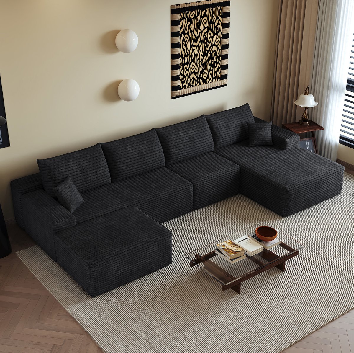 OKWISH Hoekbank 340 Cm - Modulaire Bank Met L-Vormige Chaise Longue En Diepe Zit - Zonder Montage Voor Woonkamer Of Slaapkamer - Stof - Zwart