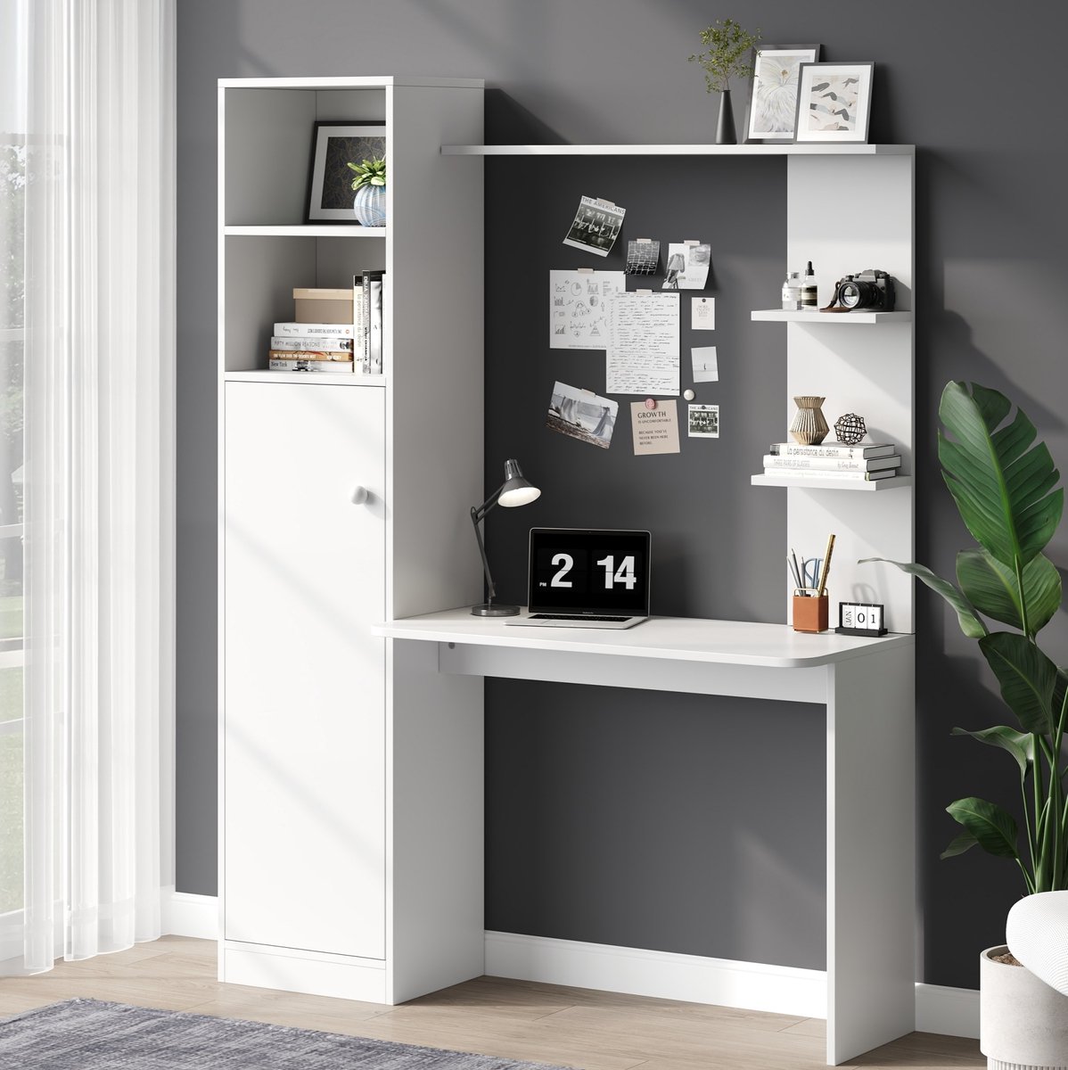 MODENUIT Bureau – 123,5 x 45 x 168,5 cm – Met Opbergkast en Opbergrekken – MDF – Wit – Werkplek