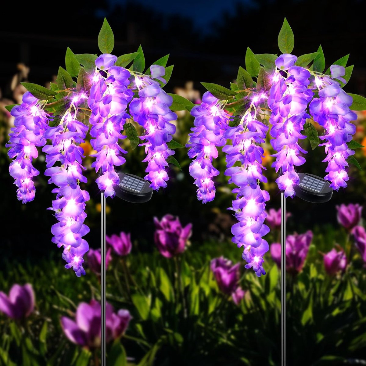 Twee paarse solar tuinlampen - Productafmetingen 80×15 cm - Verpakkingsafmetingen 40×8 cm - Verwijderbare grondpinnen - Waterdicht - Geschikt voor tuinen, gazons en terrassen - Stijlvol en veelzijdig