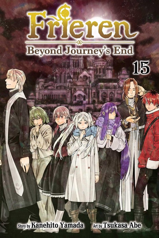 Voorpagina van Frieren: Beyond Journey's End, deel 15, met een groep van zeven personages voor een kasteel.