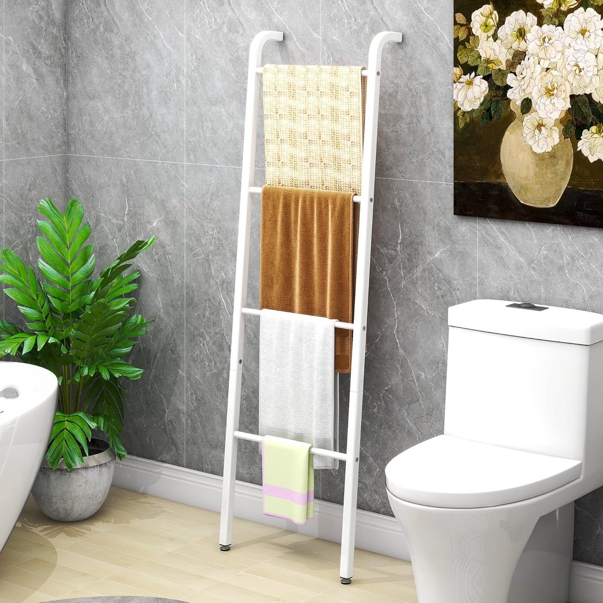 SnelShoppen - Vrijstaand Handdoekenrek 4-Traps, Decoratieve Ladder voor Handdoeken en Dekens, Wit, Ideaal voor Badkamer, Slaapkamer en Woonkamer