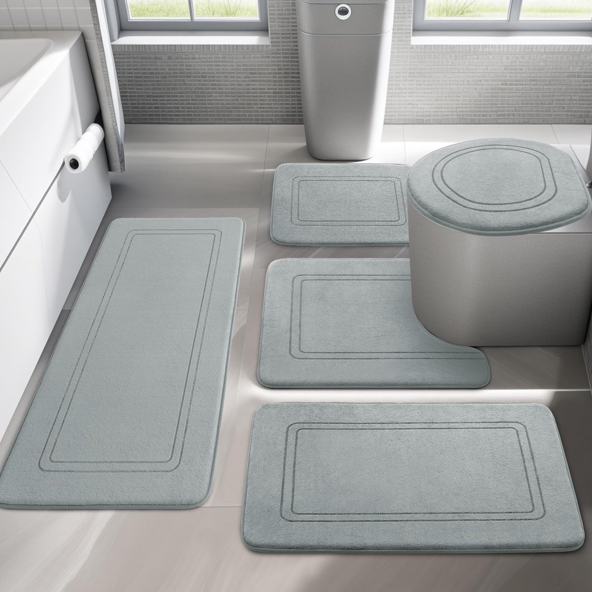 SnelShoppen - 5-delige Grijze Badkamertapijtset - Antislip, Machinewasbaar, Zachte Traagschuim Badmat en U-vormige Toiletmat voor Badkamer, Douche, en