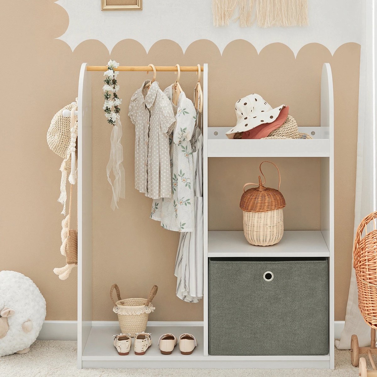 DailyDamaar kledingkast - Kleerkast - Kindergarderobe - Hangkast - Voor kinderkamer - Met 3 haken en opberg box - Wit