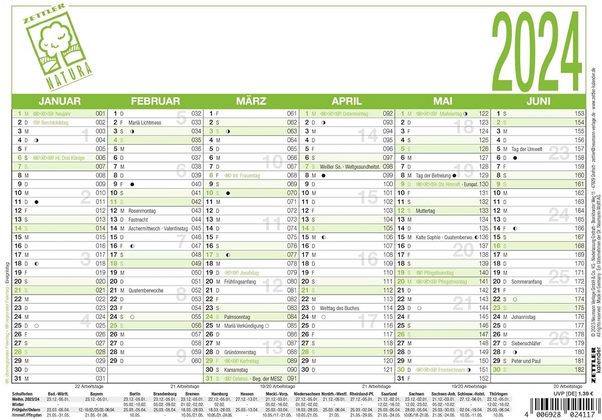 Recycling kalender A5 - 6 maanden op 1 pagina - Blauer Engel - duurzaam gebruik - ShopVlot