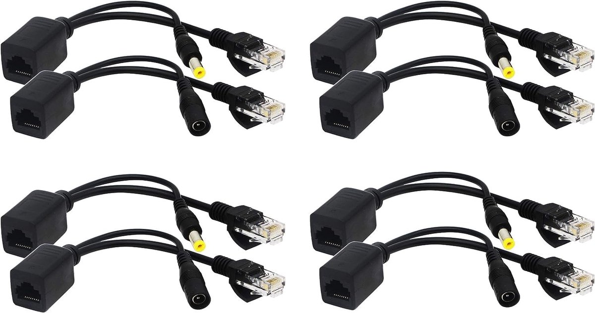 SnelShoppen - Passive PoE Injector en Splitter Kit - RJ45 Ethernet PoE Adapter met DC 5.5 x 2.1mm - 4 Paar - Zwart - Ideaal voor Netwerkverbindingen