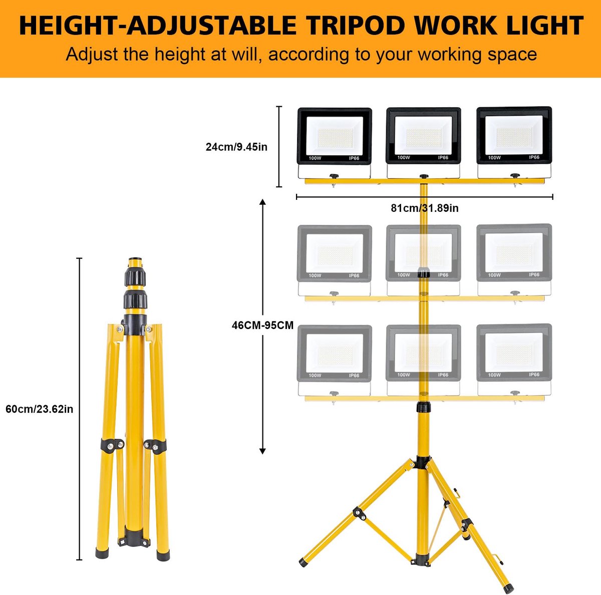 SnelShoppen - Led-bouwlamp 300 W, 30.000 lm, waterdichte werklamp met verstelbaar statief en 3 m kabel, EU-stekker, ideaal voor garage, werkplaats, bo