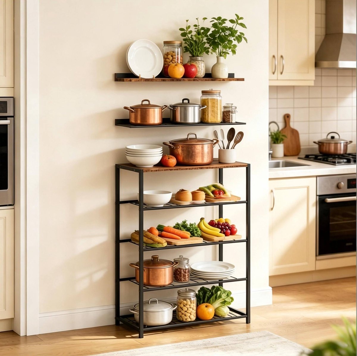 Schoenenrek – Open Opbergrek Met Metalen Frame – 30 X 63 X 83 Cm – Mdf En Staal – Zwart En Rustiek Bruin – Voor Schoenen En Opbergruimte