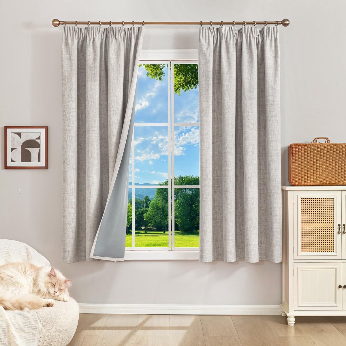 SnelShoppen - Runyéla 100% Verduisteringsgordijnen Set van 2, Thermogordijnen met Plooiband, Koudebescherming, Grijs-Wit, 145 x 140 cm, Linnenlook, On