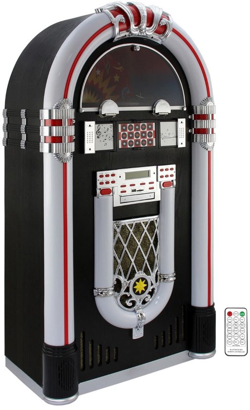 Zwarte jukebox met witte en rode accenten, chrome details en een afstandsbediening.