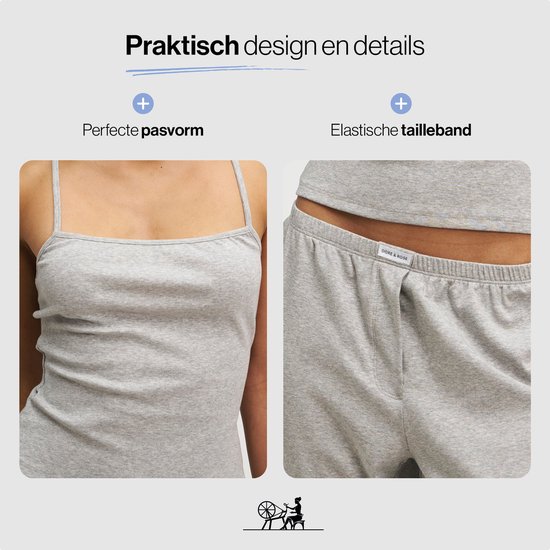 Close-ups van een grijze pyjama: het topje met spaghettibandjes en de broek met elastische tailleband.