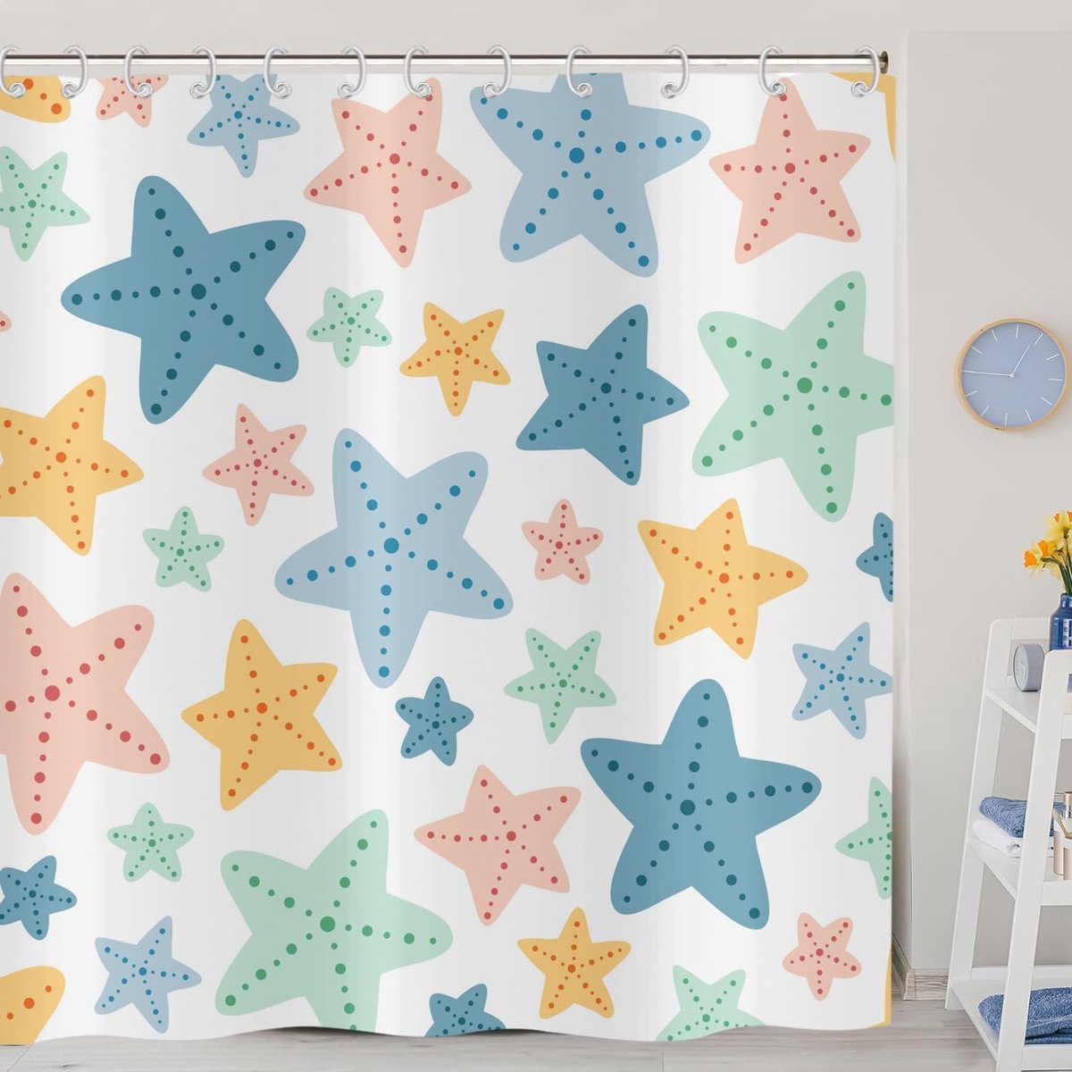 SnelShoppen - Schattige Douchegordijn voor Kinderen 180 x 180 cm, Cartoon Ontwerp in Blauw Geel Groen Oranje Sterren, Waterdicht Polyester, Wasbaar Ba
