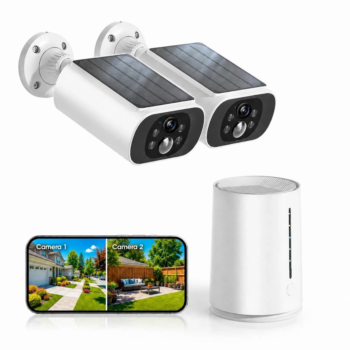 Draadloze Beveiligingscamera - Voor Buiten en Binnen - 2 Bulletcamera’s en Basisstation - 2K - Kleurennachtzicht - Lokale Opslag - Geen Maandelijkse Kosten
