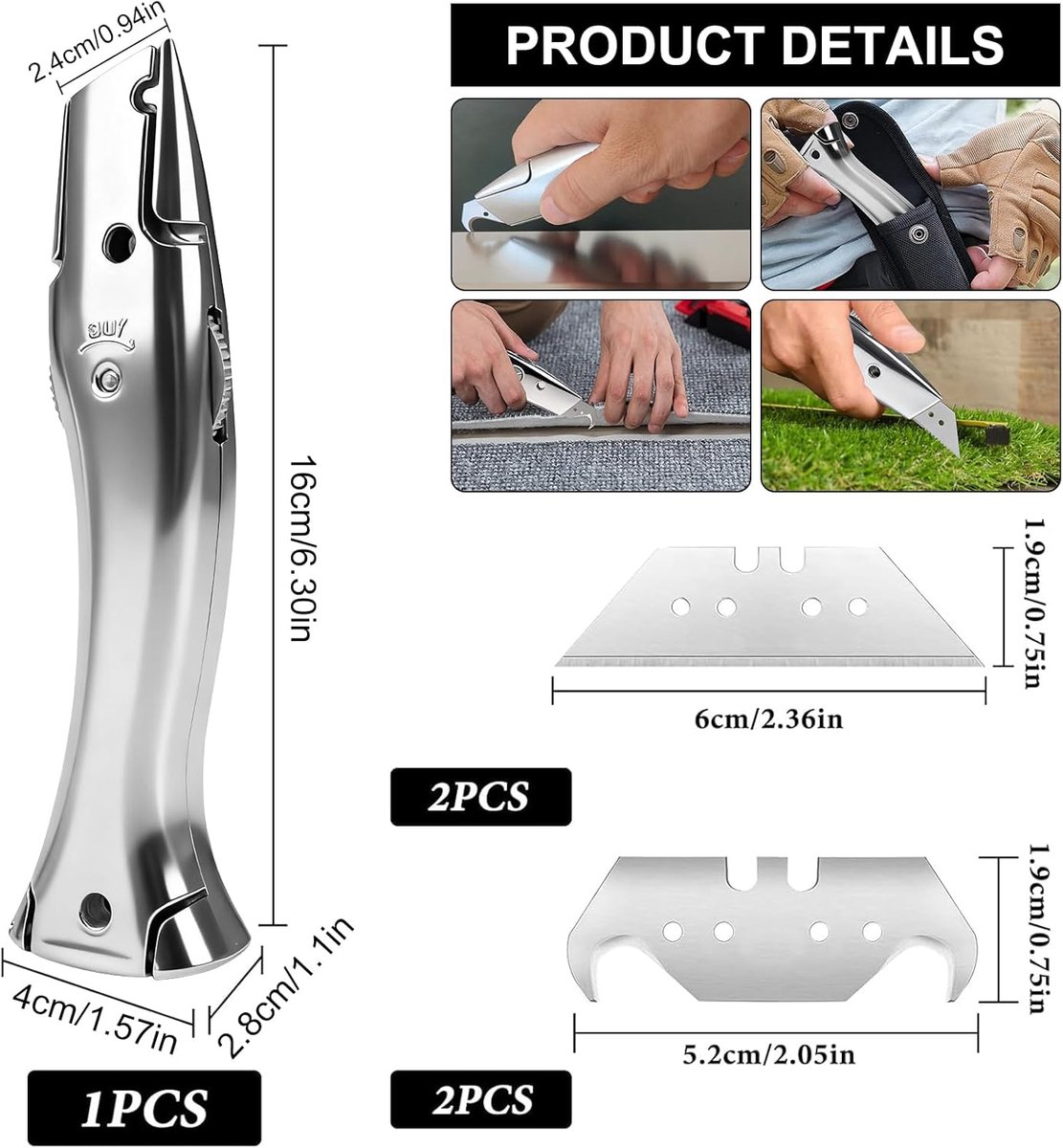 Uadme Tapijtmes met reservemessen, aluminium haakmes voor tapijt en vinylvloer, inclusief 2 haakmessen en 2 - ShopVlot