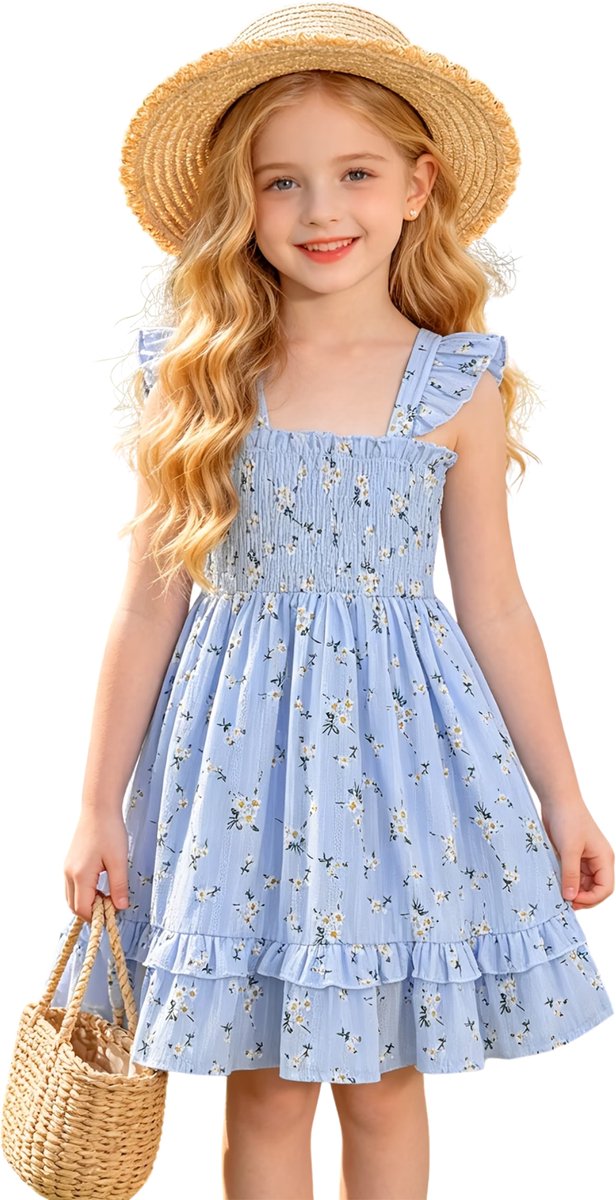 Currero Zomerjurk Meisjes Zomerjurken Kinderen Jurk Meisje Ibiza Stijl Sundress Kinderkleding 6-7 Jaar Blauwe Bloemen