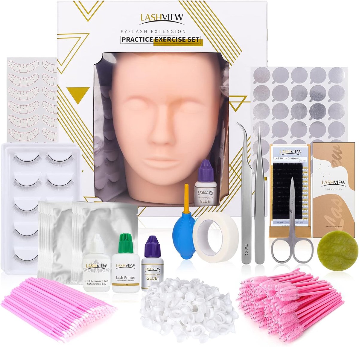 Wimperverlengingsset voor beginners - mannequin hoofd - trainingsbenodigdheden - inclusief lijmpincet en wimpers - ShopVlot