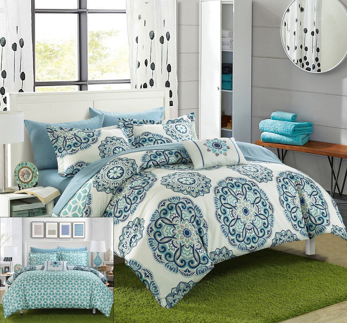 SnelShoppen - Chic Home Tastlaken Set en Decoratieve Kussens Shams, Omkeerbare Geometrische Print, Groen/Wit/Blauw, Twin, 6 Stuks, Perfect voor Slaapk