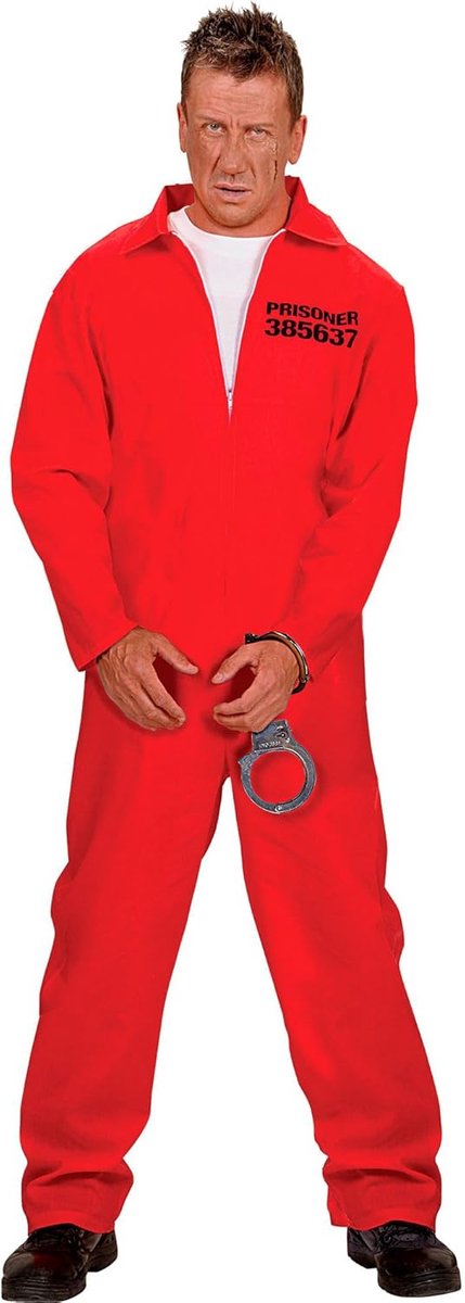 SnelShoppen - Kostuum Gevangenis - Rood Jumpsuit XXL met Handboeien en Tekst - Perfect voor Feestjes, Carnaval of Thema-avonden