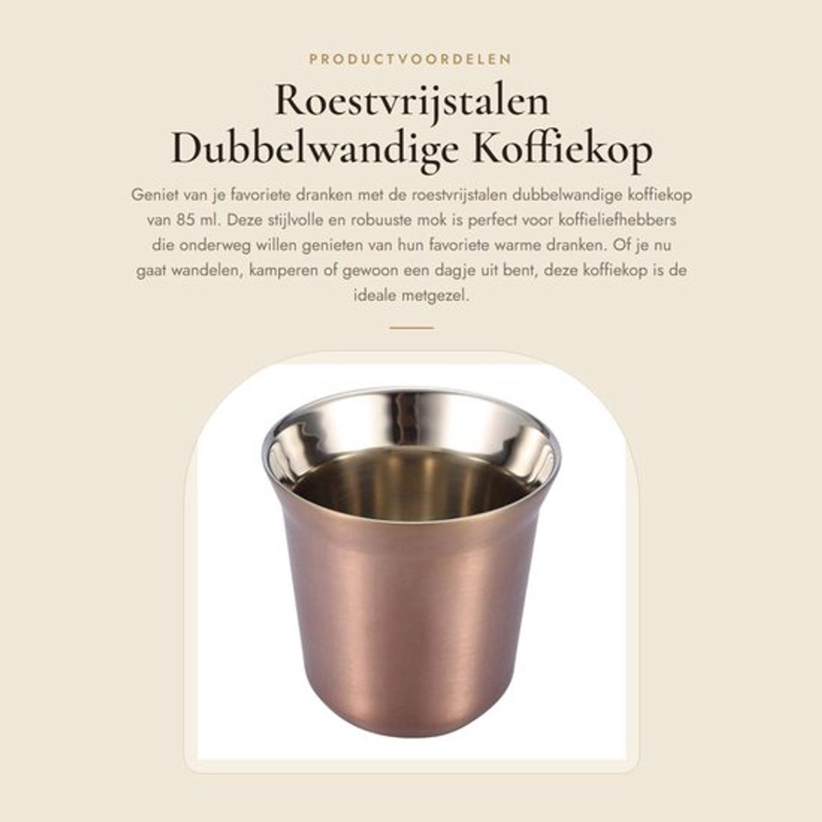 Koffiekop Dubbellaags 85 ml - Roestvrij Staal - Duurzaam - Camping - Thee - Veilig Drinken - Beker