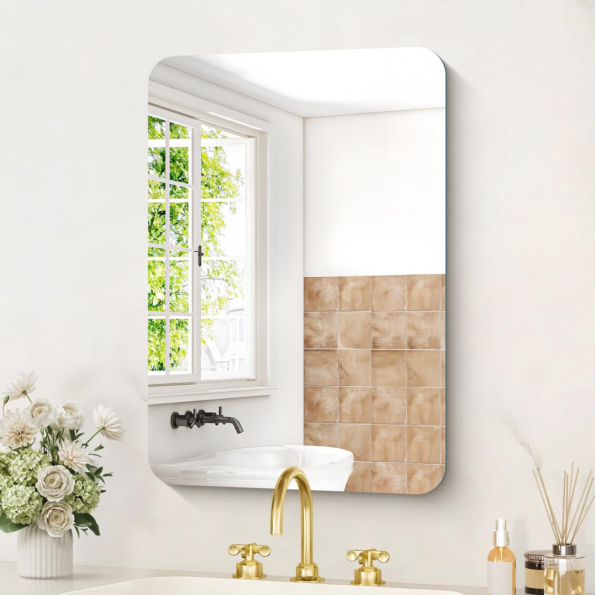 SnelShoppen - Lijstloze rechthoekige badkamerspiegel 40x60 cm - Onbreekbaar glas met HD-weerspiegeling - Afgeronde hoeken - Wandspiegel voor moderne b