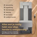Grijze en zwarte massagemat met een lijst van functies: Nekverlichting, Rugverlichting, Warmtetherapie, Stretching, Opvouwbaar, Instelbare intensiteit.