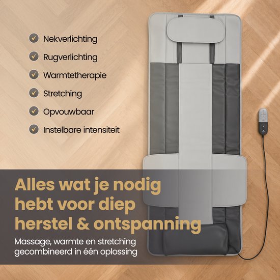 Grijze en zwarte massagemat met een lijst van functies: Nekverlichting, Rugverlichting, Warmtetherapie, Stretching, Opvouwbaar, Instelbare intensiteit.