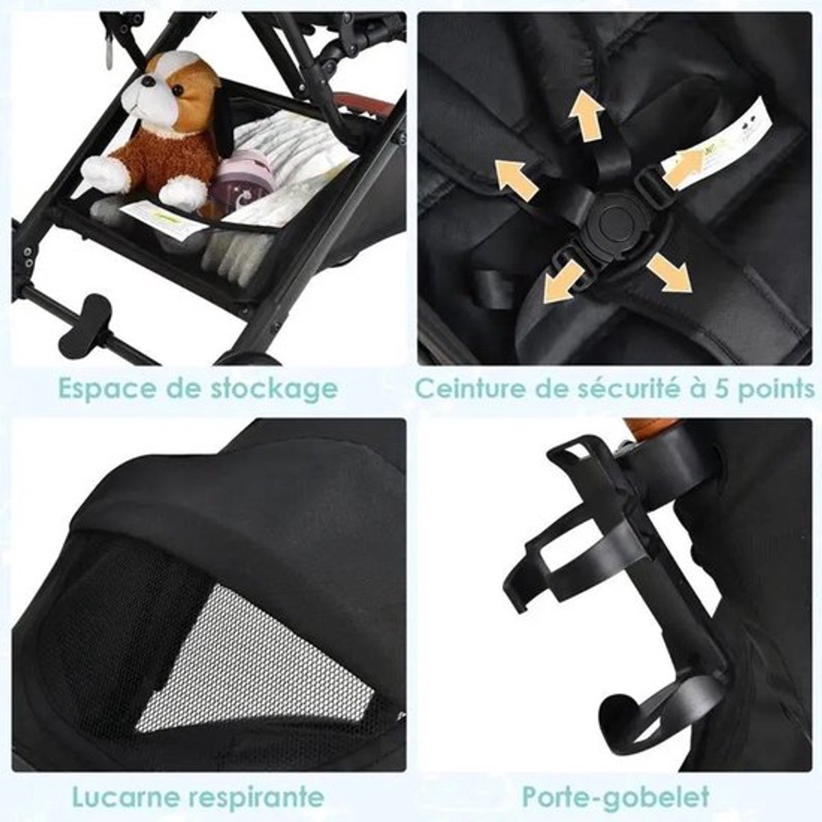 Inklapbare reisbuggy met verstelbare rugleuning & kap, kinderwagen met bekerhouder, zwart - AliExpress 202216