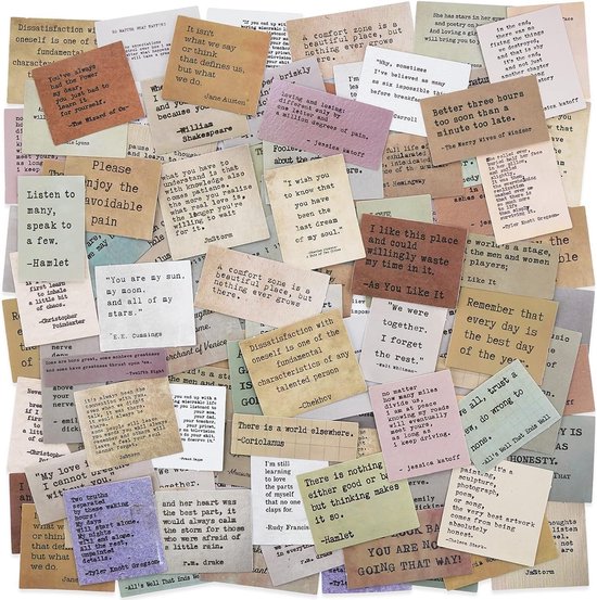 Een verzameling vintage-stijl tekststickers, waaronder citaten van beroemde auteurs.