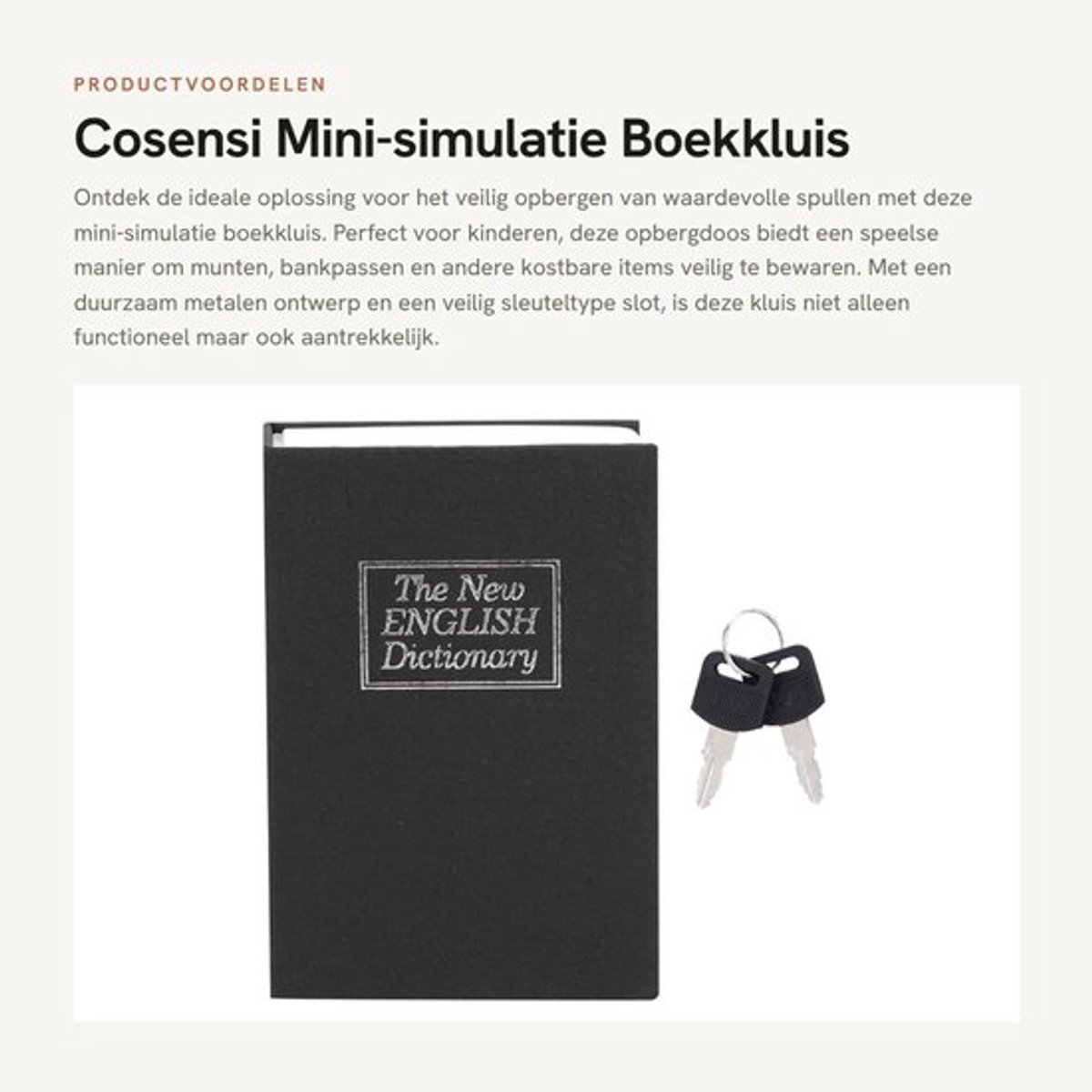 Boekkluis Mini - Veiligheidsslot - Opbergdoos - Sleuteltype - Roestvrij Staal - Voor Munten en Bankpassen - Gewicht 272 g - Veiligheidsbox